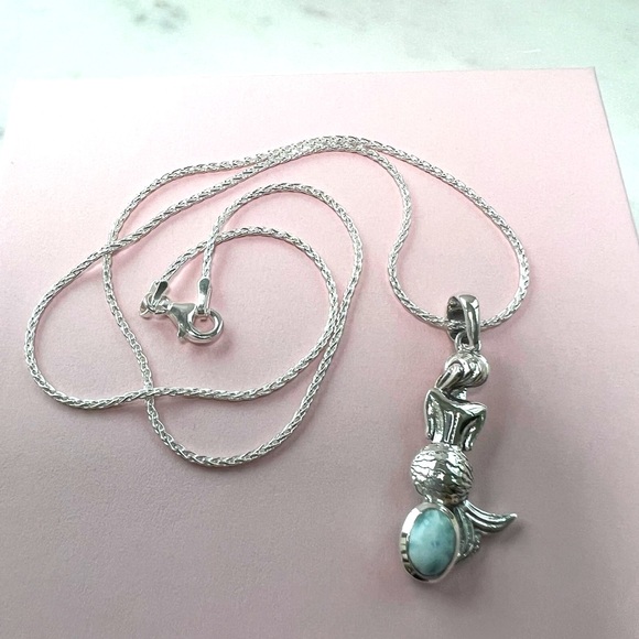 .925 Sterling Silver Natural Larimar Mermaid Silhouette Becklace - Picture 9 of 16